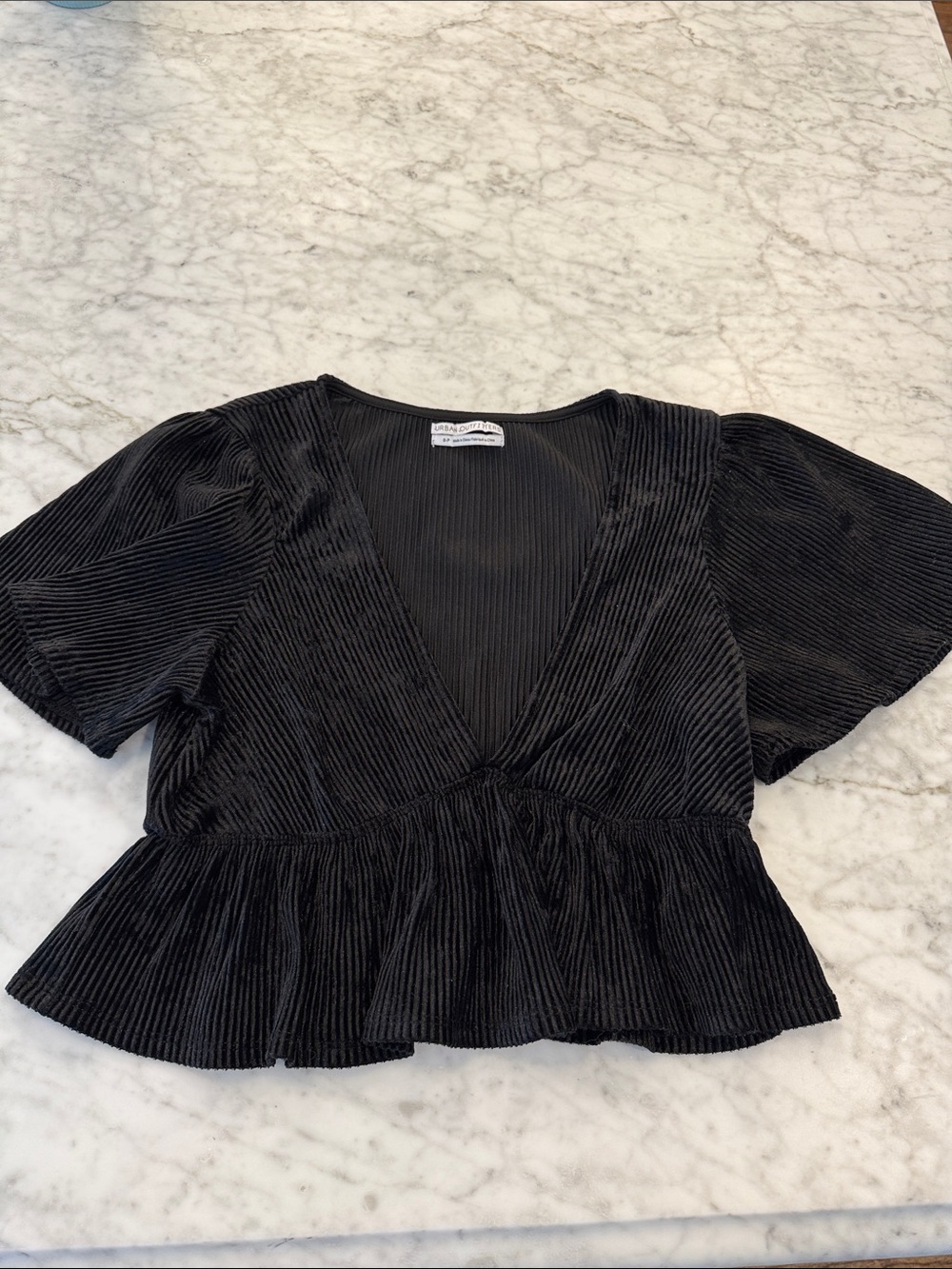 Urban Outfitters Black Ribbed V-Neck Peplum Top